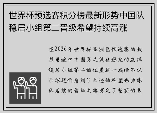 世界杯预选赛积分榜最新形势中国队稳居小组第二晋级希望持续高涨