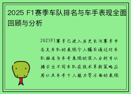 2025 F1赛季车队排名与车手表现全面回顾与分析